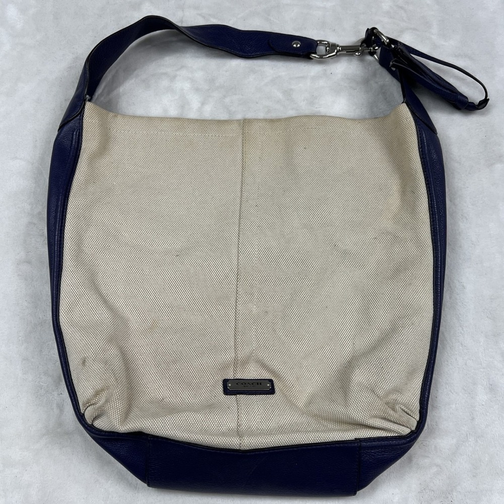Coach Hobo Bag Womens Large Cream Purple Canvas Leather Trim Tassel M1380-F28551